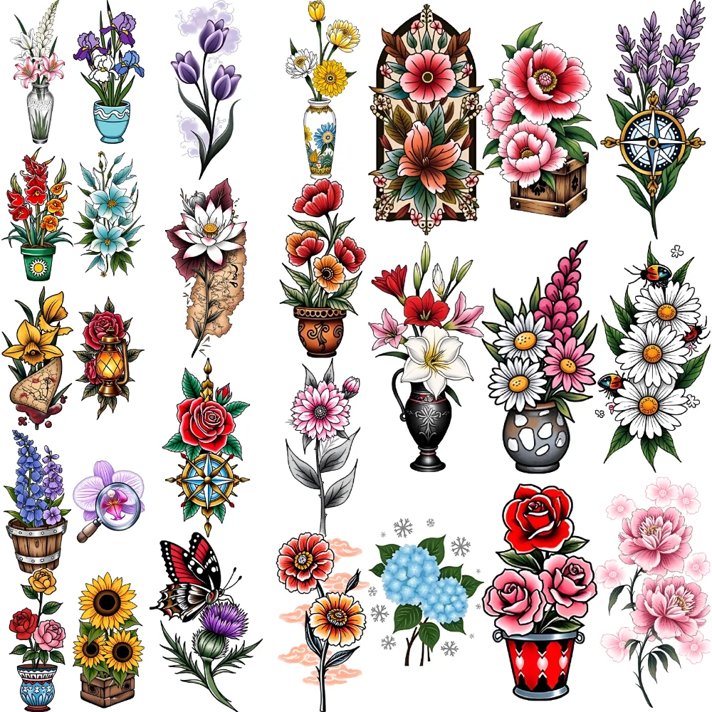 

28 шт., временные татуировки, бабочки, временные татуировки, наклейки, орхидея, пионы, водонепроницаемые, долговечные наклейки для тела, подсолнухи для