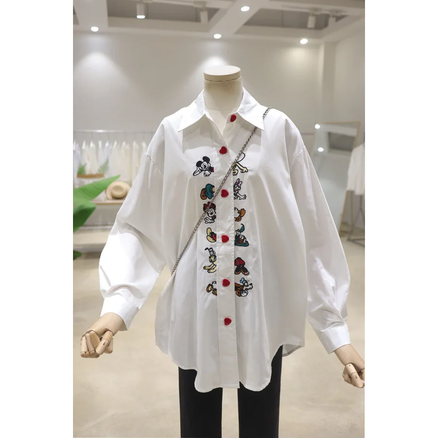 Love Breasted Cartoon Embroidered Blouse 2024 Spring Loose Mid-Length Below The Hip Long Sleeved Shirt For Women\'s Top