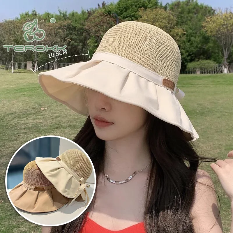 Sombrero de cubo versátil con protección UV para mujer, sombreros de sol de playa de ala ancha grande, lazos de viaje al aire libre, gorras de Panamá, gorras de cola de caballo