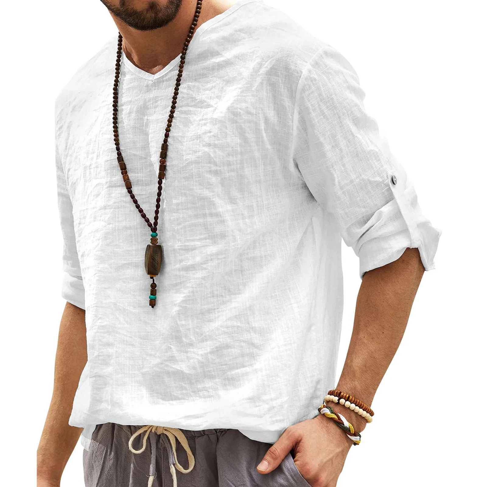 

Cotton Linen Shirts Men Spring Long Sleeve Roll Up Casual Slim Men Shirt Simple Design Solid Blouse Loose Handsome Tee Shirt