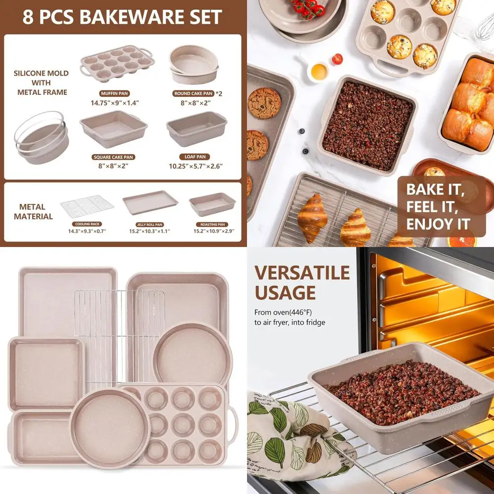 

8-Piece Nonstick Baking Set: Silicone Muffin, Loaf, Cake Pans, Metal Framed Roasting Pan, Cookie Sheet, Cooling Rack