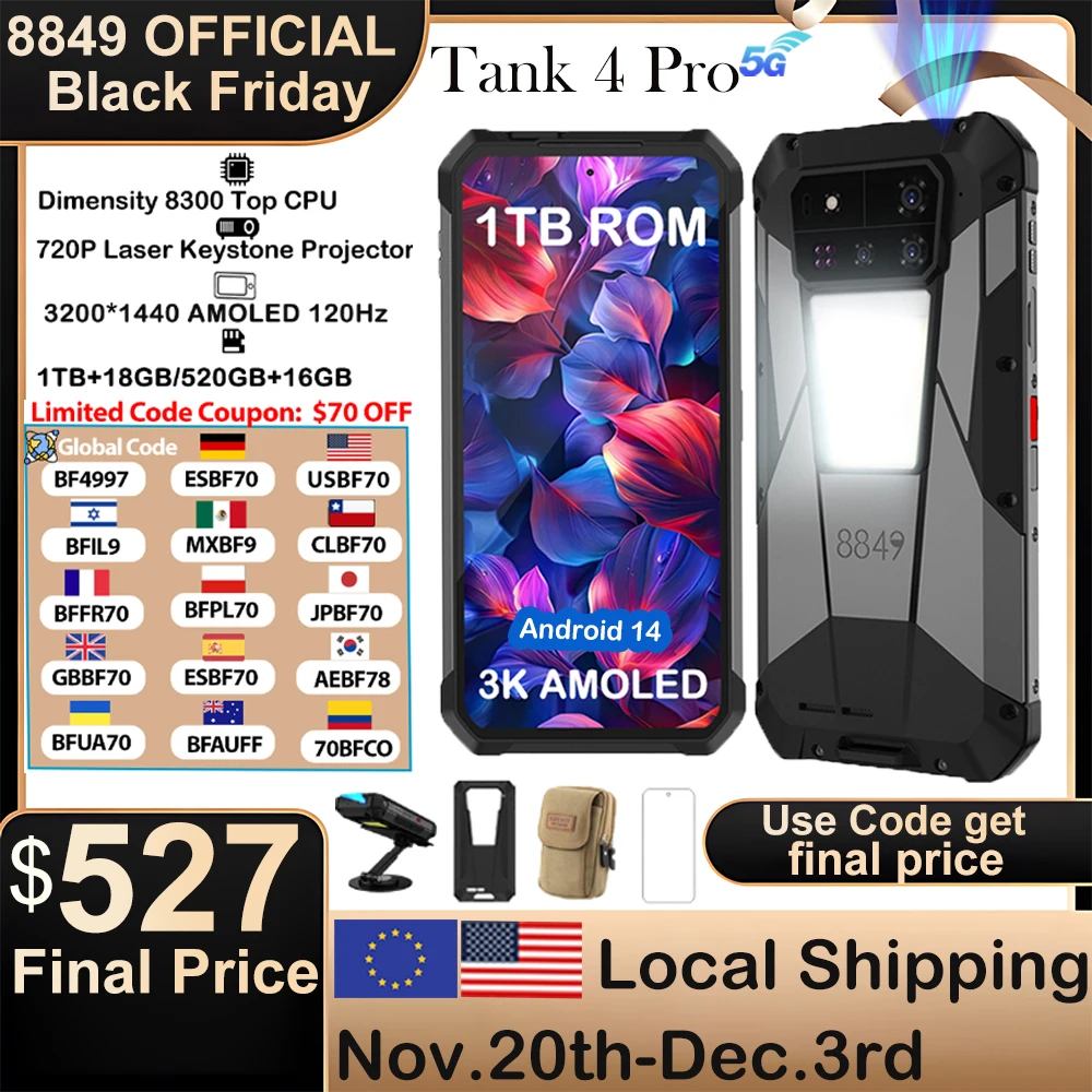 8849 Tank 4 Pro Unihertz 5G جهاز عرض متين للهاتف الذكي 1 تيرا بايت 36G أندرويد 14 هاتف رياضي 11600 مللي أمبير Dimensity8300 AMOLED 120 هرتز