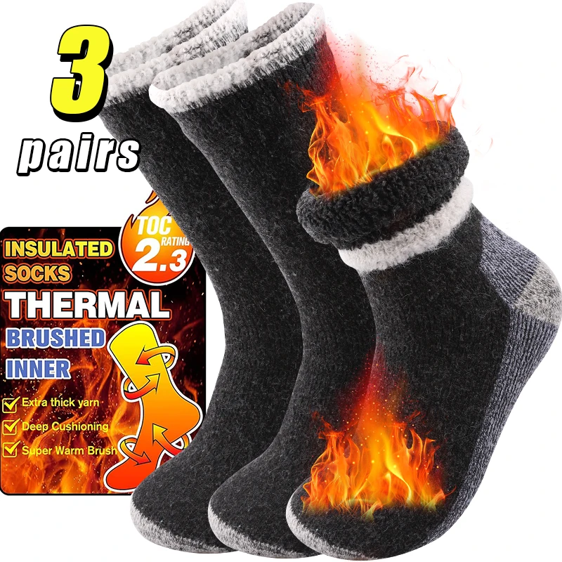 3Pairs Super Thick Merino Wool Socks Male Men Winter Thermal Cashmere Socks Fleece Terry Loop Middle Tube Socks High Quality