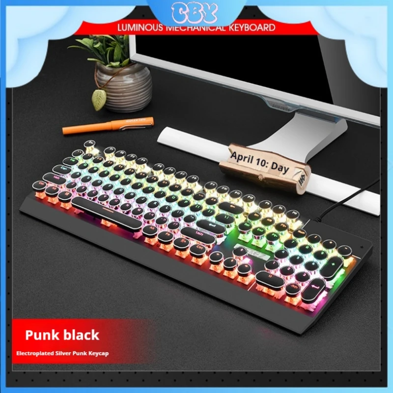 Usb Wired Retro Punk Mechanical Keyboard Green Shaft Mixed Light Aluminum Alloy Panel Ergonomic Design Office Game Keyboard