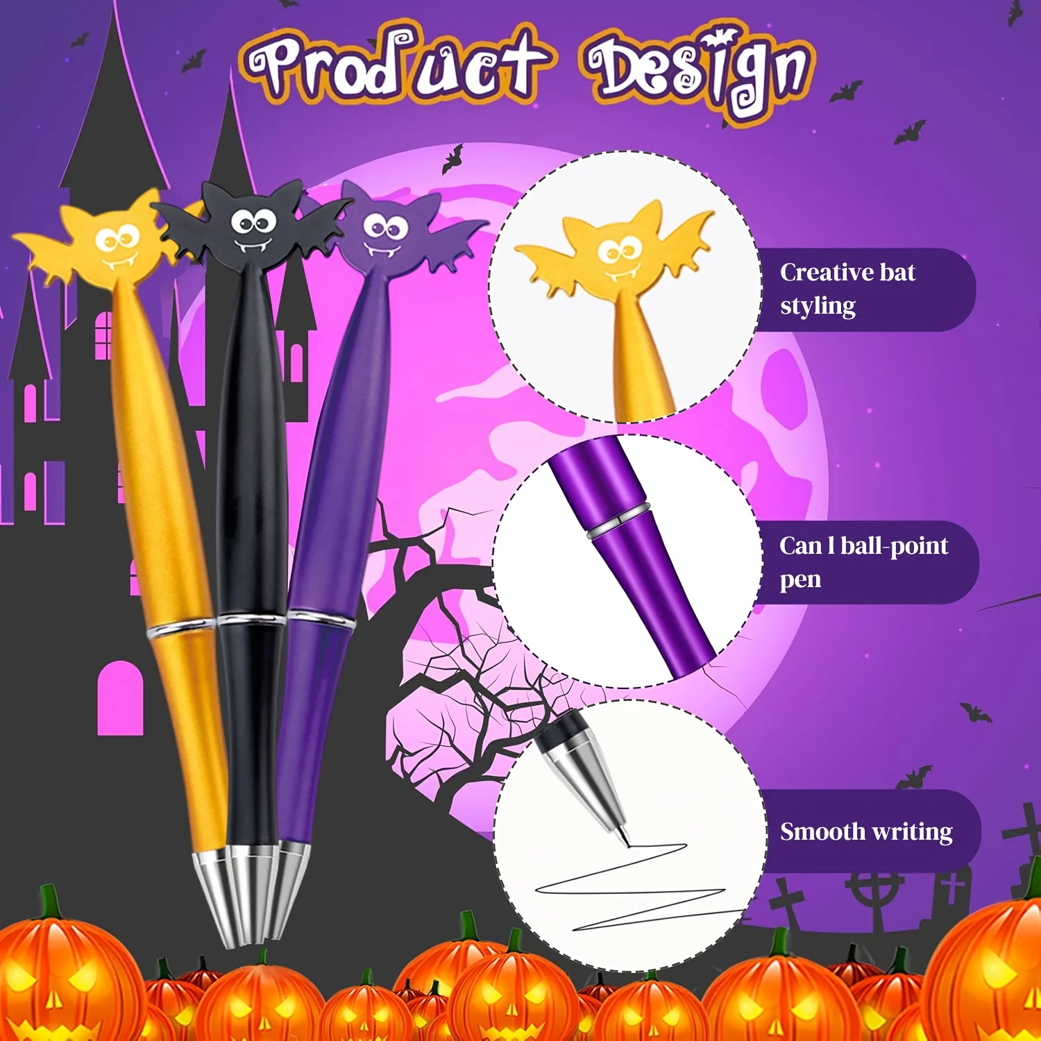 20 pcs Random Color Halloween Bat Series Ballpoint Pens, Creative Stationery  High-value Ballpoint Pens, Niche Design Pens