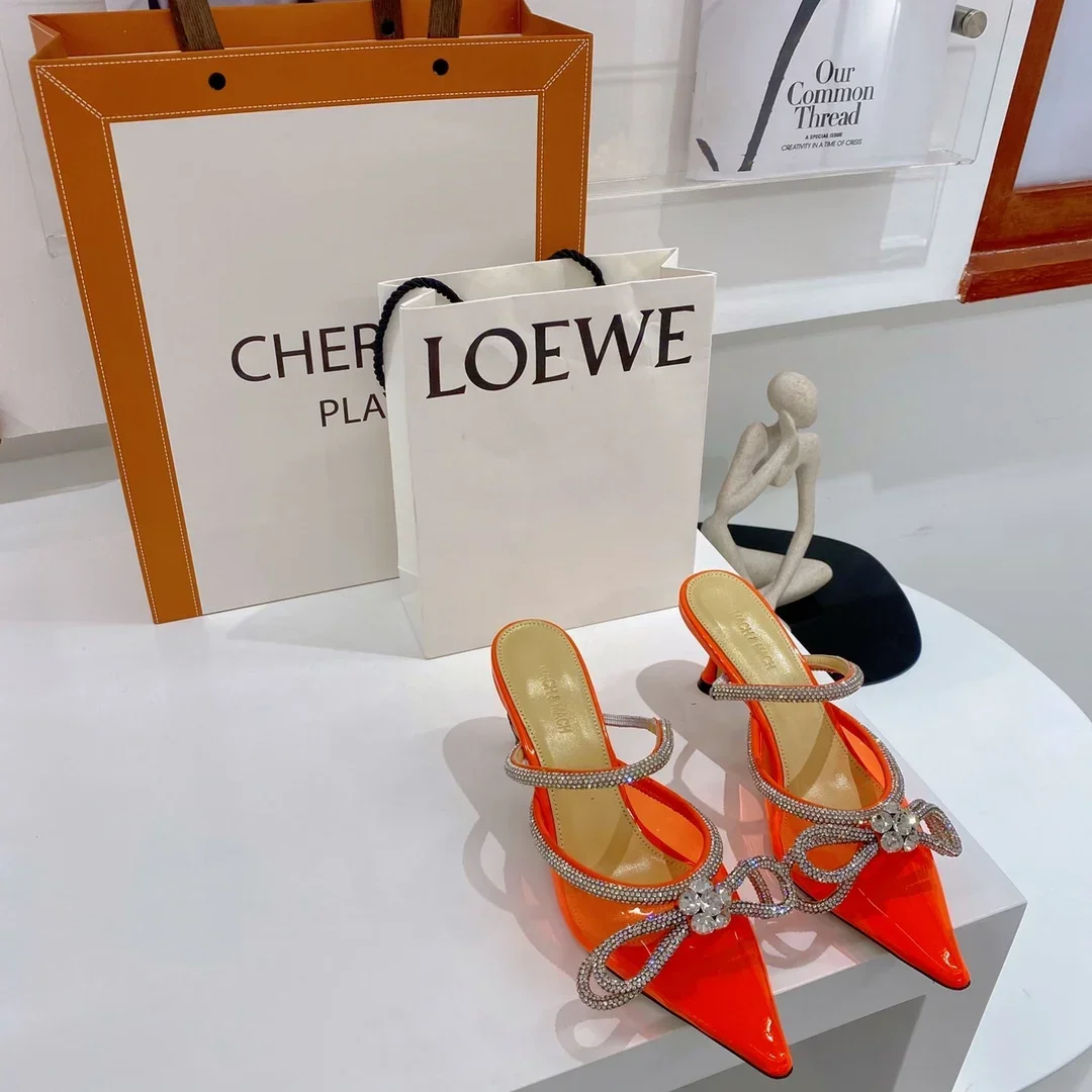 

Womens New 2023 Spring Summer Rhinestone Bow High Heels, Pointed-toe Film Pearl Sandals, Stiletto Toe Flip-Flops