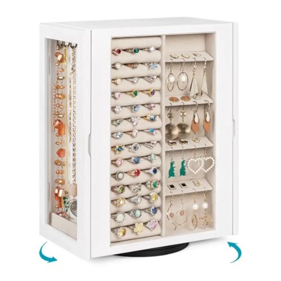 

360° Rotating Jewelry Box for Women Vintage Wooden Large Jewelry Organizer with 5 Drawers Glass Doors Vertical Open Design Jewe