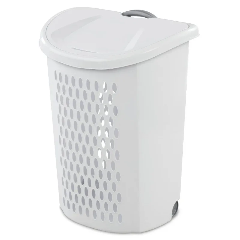

Wheeled Plastic Laundry Hamper with Handle White Easy Transport Laundry Basket