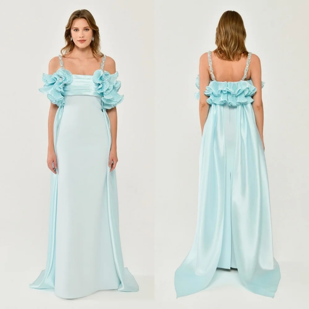 

Customized High Quality Classic Jersey Rhinestone Pleat Straight Spaghetti strap Long Dresses Bespoke Occasion Dresses Fashion