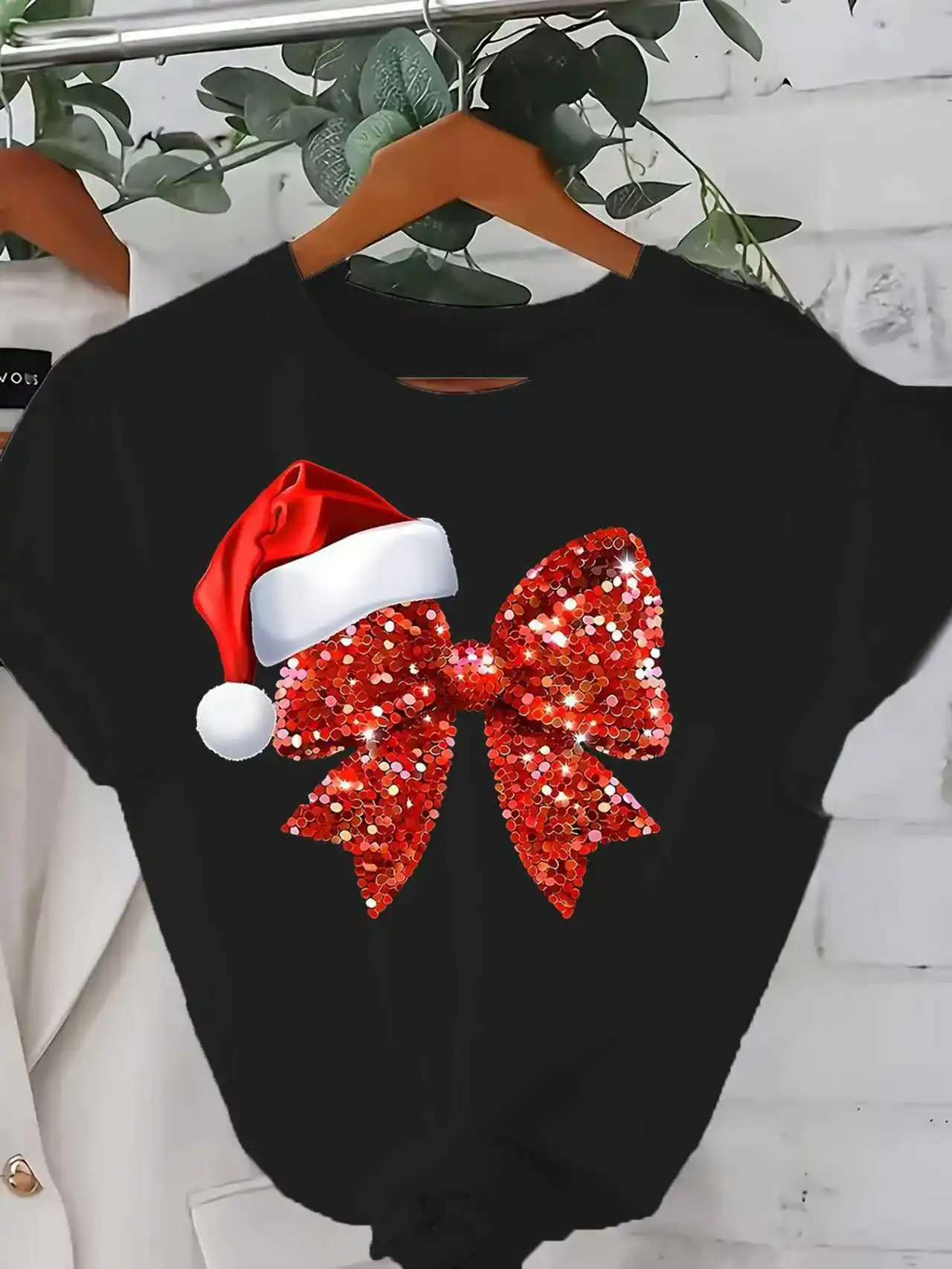 Summer Fashion Women's T-Shirt Original Design Christmas Hat Bowknot Printed Women's Casual Soft Round Neck Short Sleeved Tops