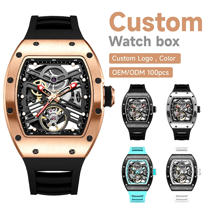 Customized Logo 2026 Automatic Mechanical Watch Black Warrior Hollow Design Waterproof Rubber Strap Stainless Steel Case