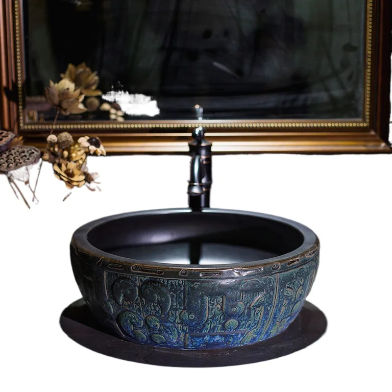 

Керамический умывальник в стиле ретро, имитация бронзы, настольная раковина, круглая раковина, китайская раковина