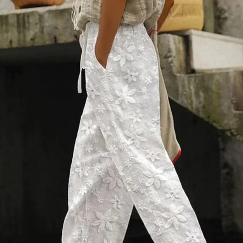 Fashion Casual Cotton Embroidered Ankle-length Pants Women Lace-Up Elegant Sweet Elastic Waist Pants Streetwear Trousers 26162