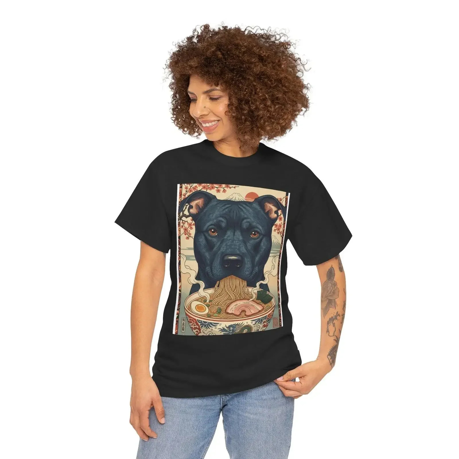 Pitbull Eating Ramen Illustration T Shirt vintage Washed Breathable Stretched graphic Slightly Stylish fashion Comfortable