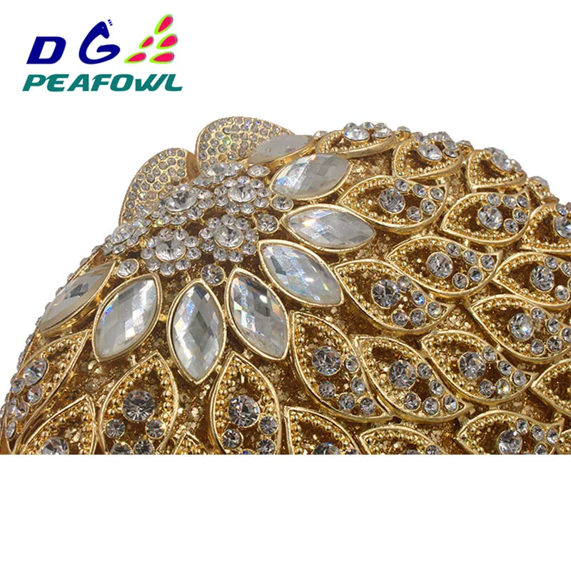 DG PEAFOWL Wedding Clutches With Long Chain Women Clutch Bags Hollow Out Crystal Evening Bag Golden Party Purse Ladies