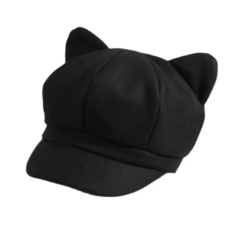 Beret Winter Hats for Women Solid Plain Cute Cat Ear Octagonal Newsboy Cap Ladies Casual Winter Beret Women Painter Cap Vintage