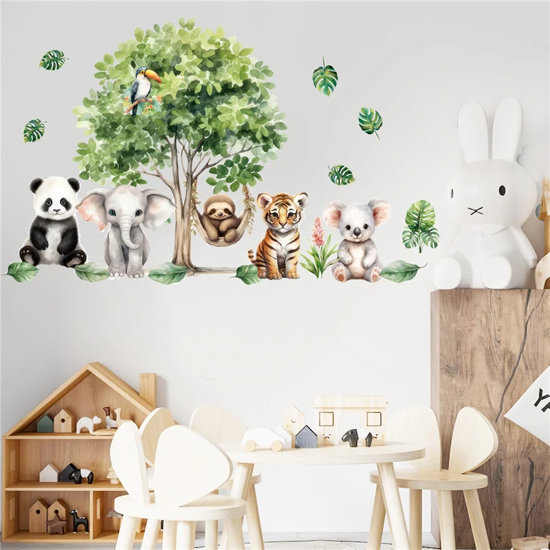 Cute Tiger Panda Koala Elephant Wall Stickers For Kids Room Decoration Cartoon Animals Party Mural Art Pvc Posters Home Decals