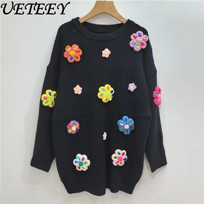 Sweet Cute Colored Flowers Black Sweater Women Diamond Round Neck Loose Thickened Knitted Sweater Autumn Winter New Pullover Top