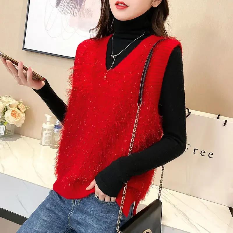 Knit Vests for Women Sleeveless Solid Waistcoat V-Neck Smooth Formal Jumper New In Lady Sweaters Crochet Clothes Aesthetic Y2k