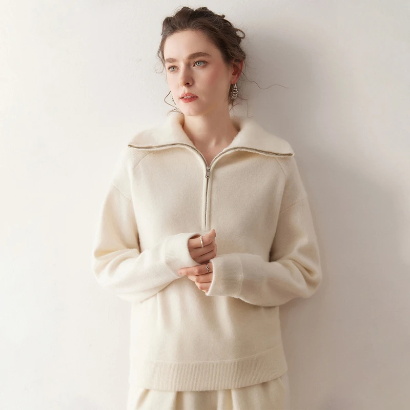 女性用100％カシミヤセーター、ジッパー付きニットセーター、タートルネック、厚手プルオーバー、プレッピースタイル、高級秋冬カシミヤトップス