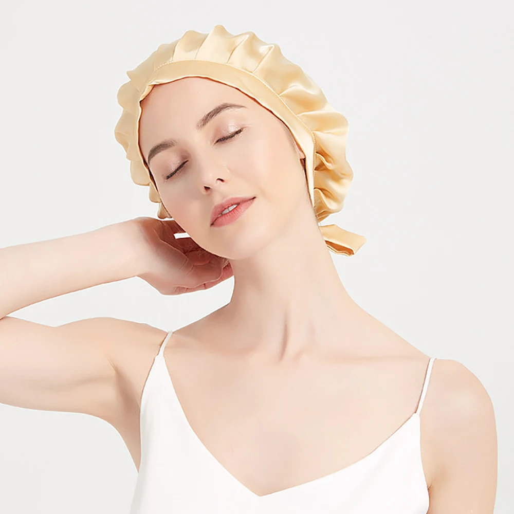 100% Natural Mulberry Silk Bonnet Sleeping Cap for Women Night Sleeping Hats Adjustable Straps With Elastic Headwrap 16 Momme