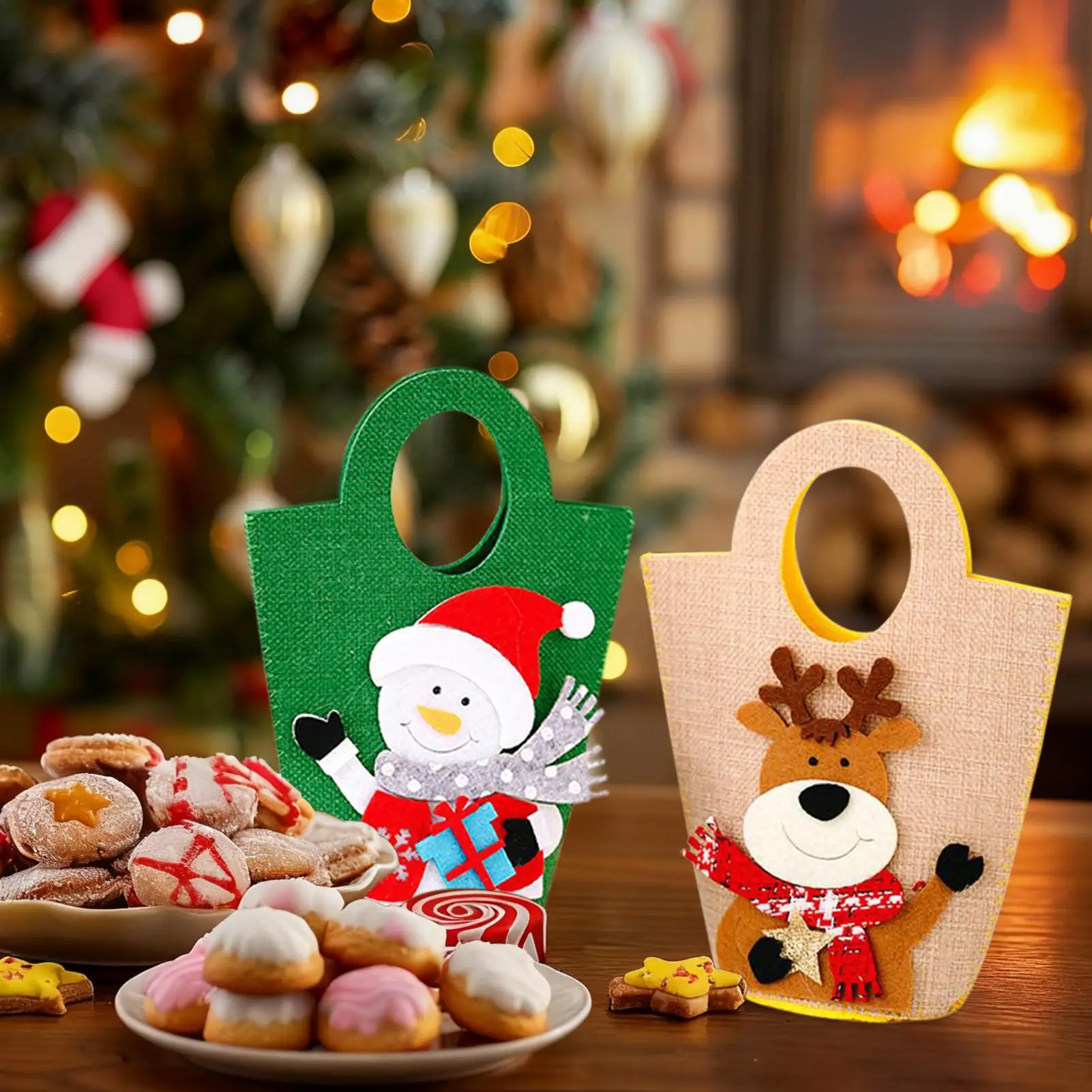 Bolsa de regalos navideña, bolsas de fieltro para envolver Navidad, cesta de tela de 3 piezas, reutilizable, temática navideña para eventos escolares en el aula