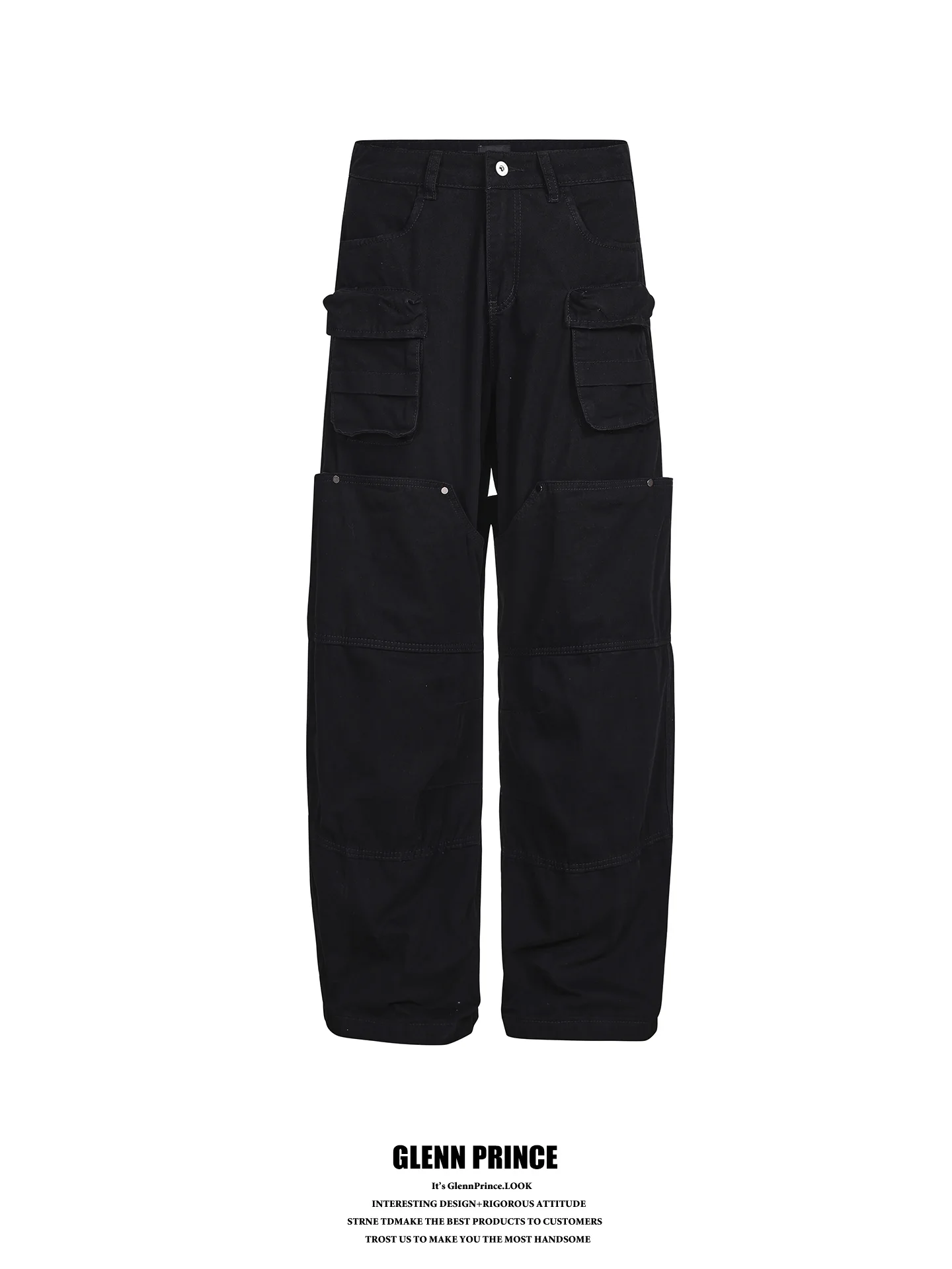 American High Street Men's Casual Pants Multi-Pocket Double Ring Splicing Workwear Loose Fit Straight Leg Cotton Blend