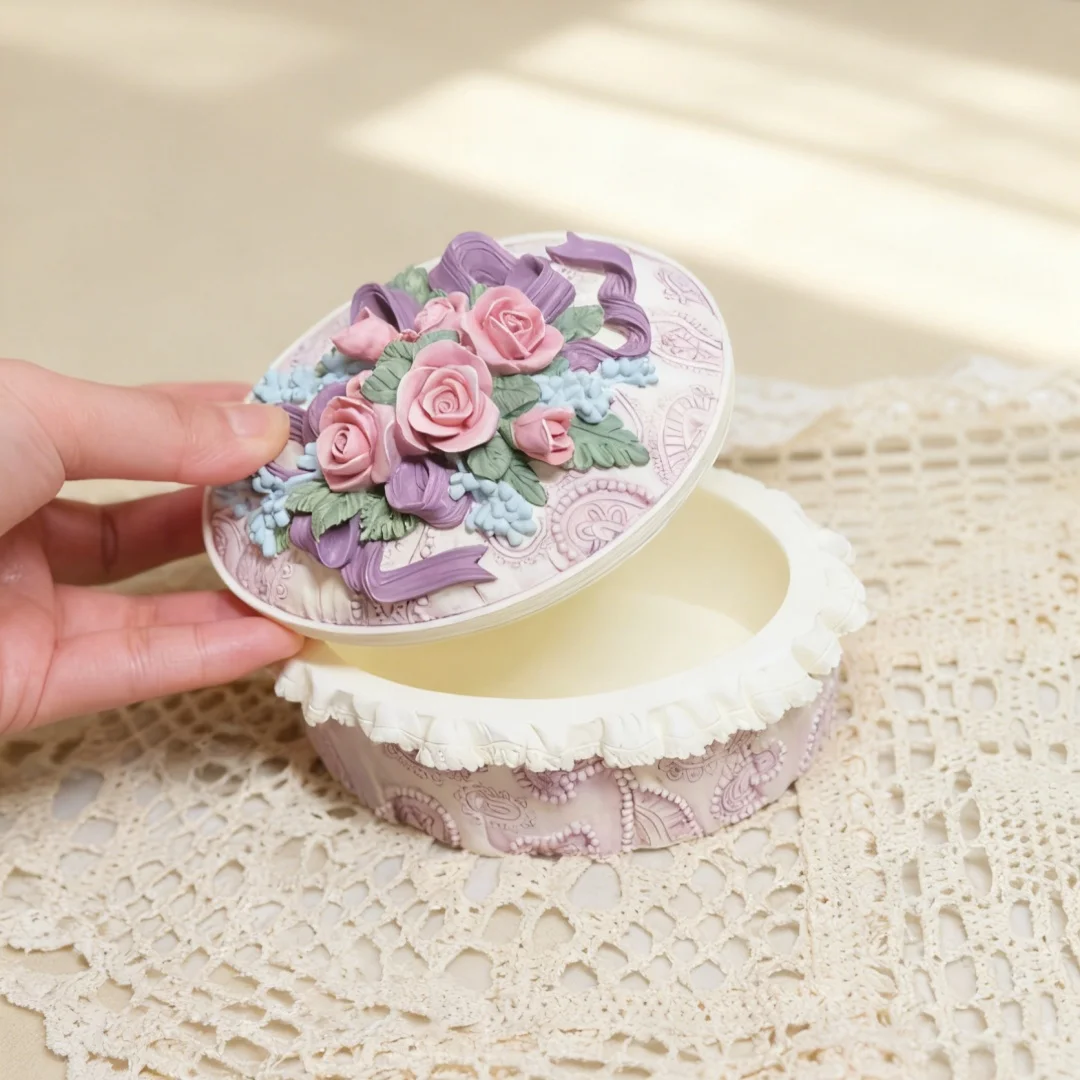 Oval Lidded Jewelry Box With Rose Ribbon Gypsum Decoration Silicone Mold Plaster Storage Jar Handmade Gift Candle Cup Mold