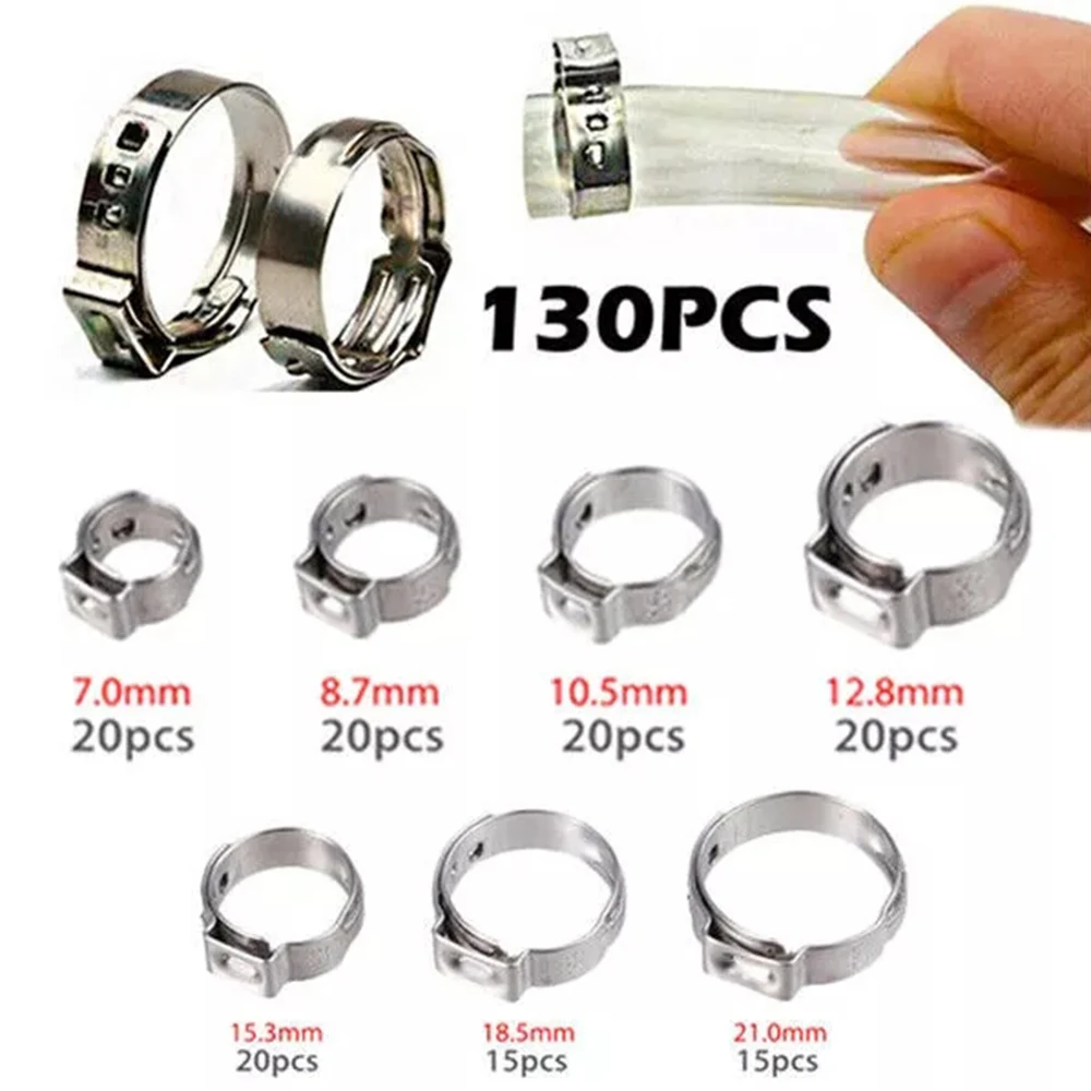 

130PCS 7 Sizes(7-21mm ) Single Ear Stepless Hose Clamps O Assortment Rings Stainless Steel Crimp Pipe Clamp Assortment Kit