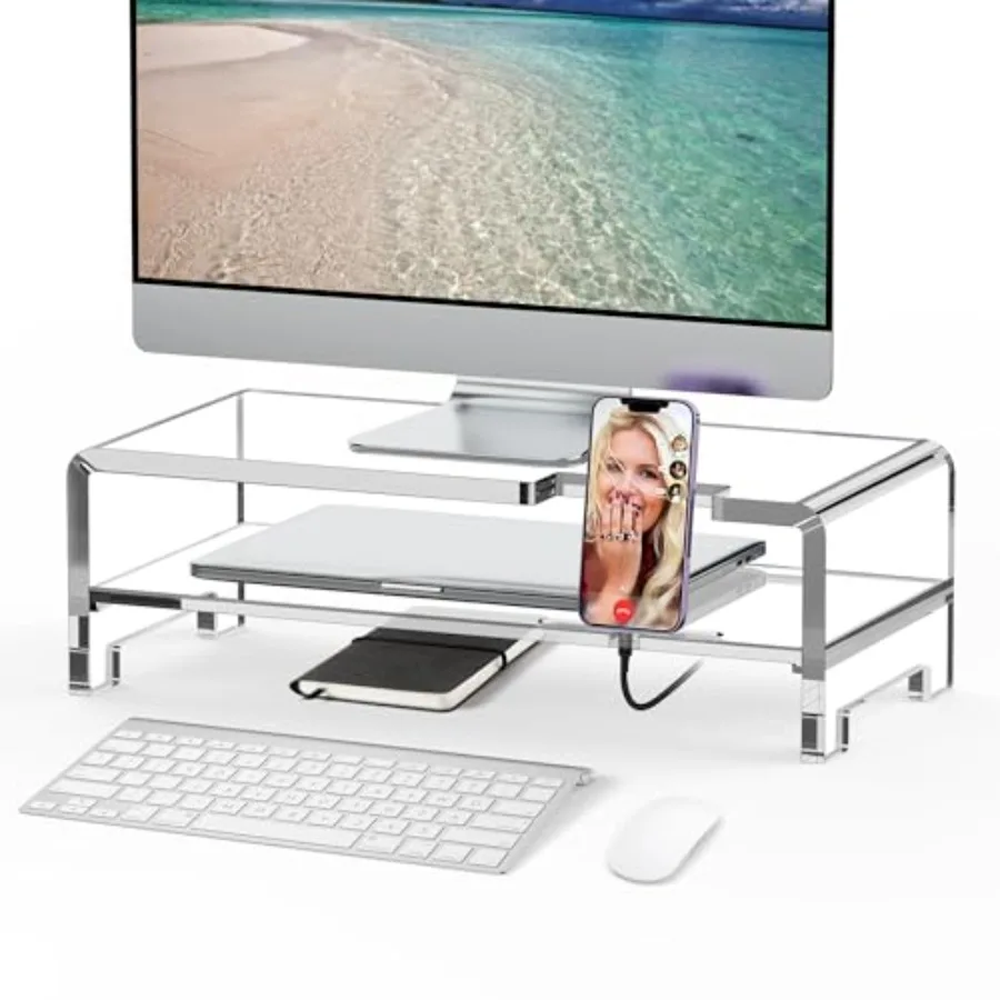 Support d'écran en acrylique transparent avec rangement pour ordinateur portable et organisateur de bureau pour la maison et le bureau