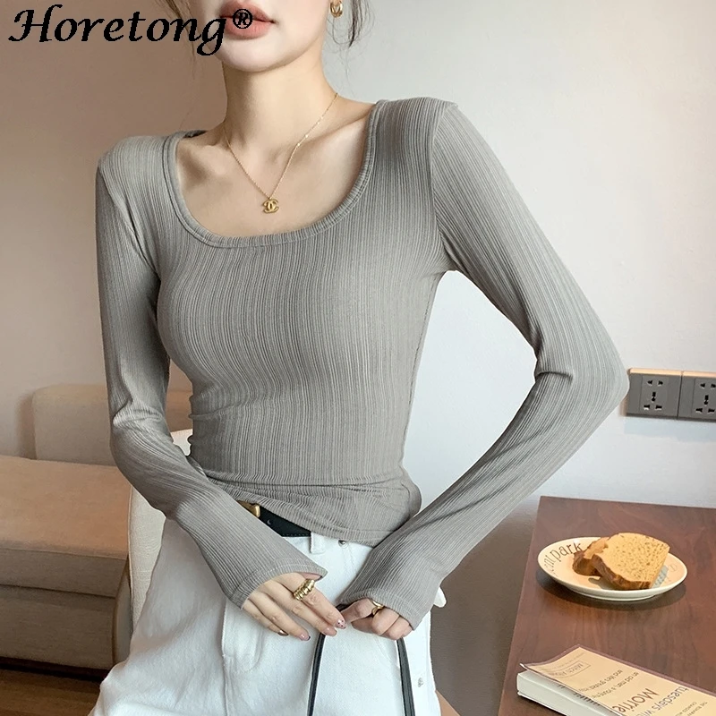 Horetong Women Casual Long Sleeve T-Shirts Spring Autumn Solid Slim Fit Pullovers Tees Shirts Female Streetwear Base Tees Tops