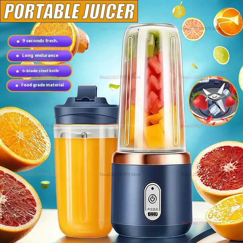 Exprimidor multifunción de doble taza, licuadora de frutas recargable por USB, exprimidor eléctrico portátil de 6 hojas, batido de frutas, batidora