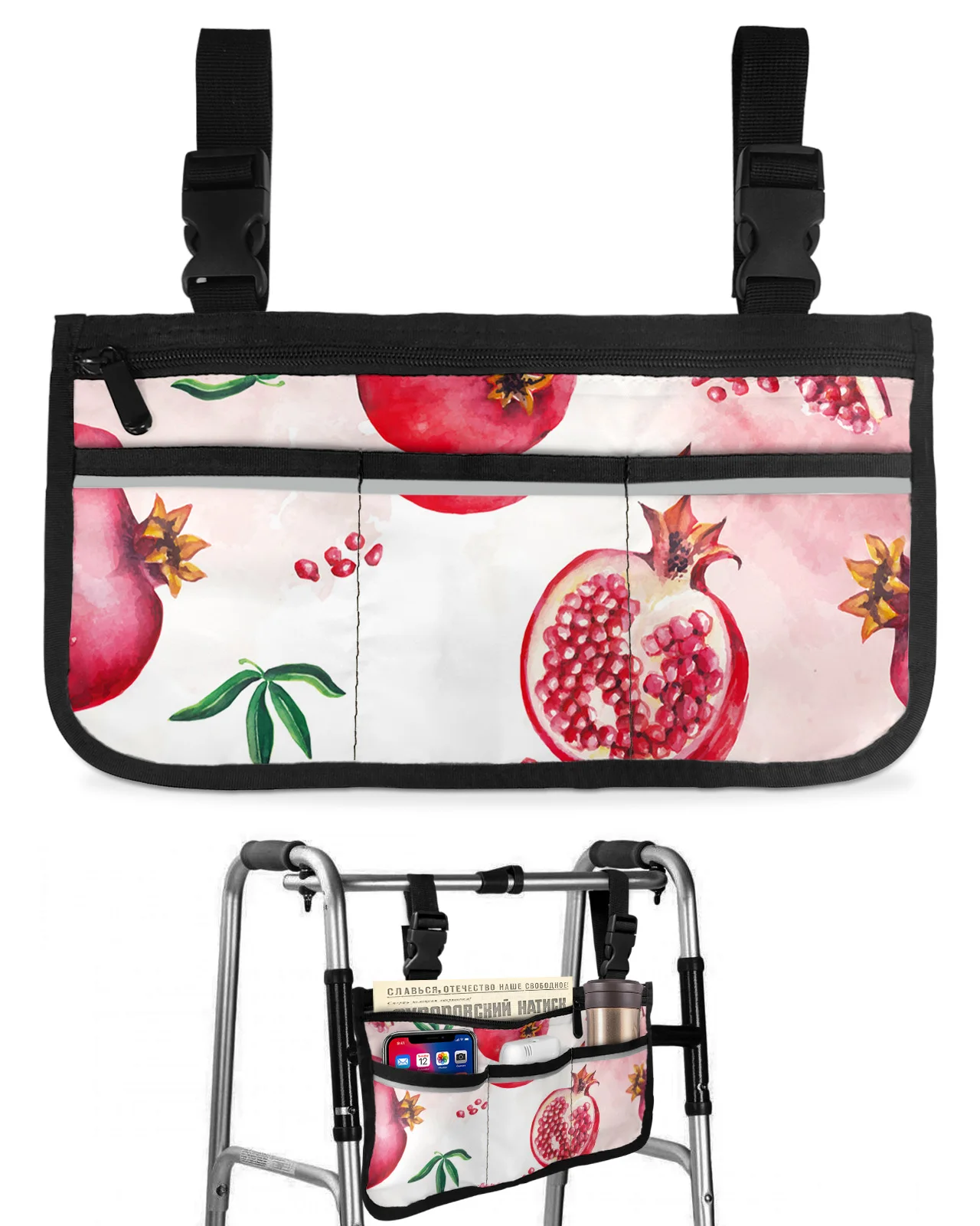 Summer Fruit Red Pomegranate Watercolor Wheelchair Bag Armrest  Side Bags Electric Scooter Walking Frame Storage Pouch