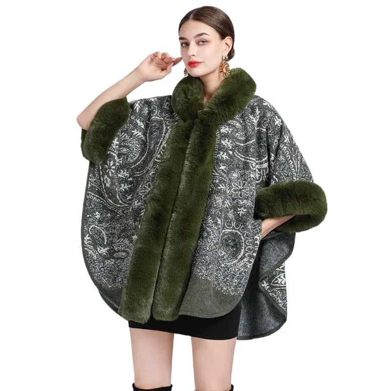 Winter Batwing Sleeves hooded cloak Women Warm String Faux Rabbit Fur Turn-Down Collar Poncho Cape dress Knitted Outstreet Coat