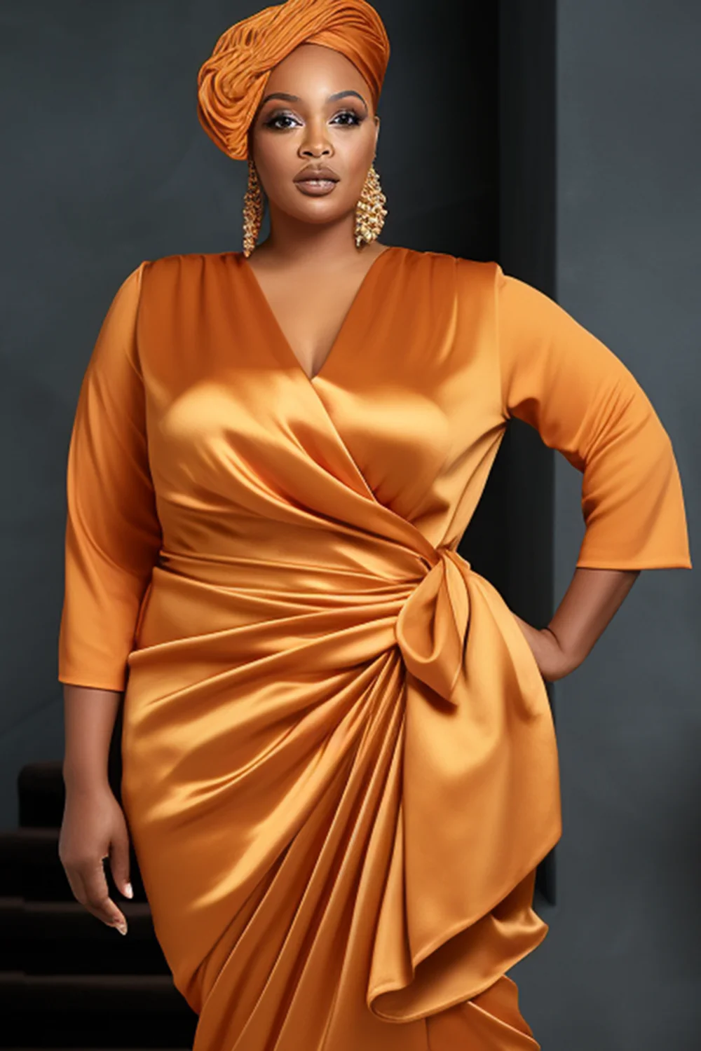 Plus Size Orange Semi Formal Elegant Wrap Neck 3/4 Sleeve Satin Midi Dresses