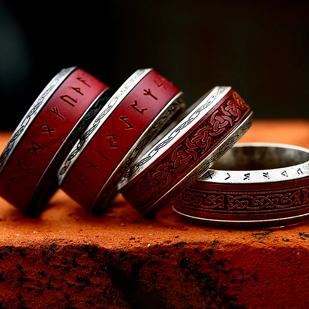 New Vintage Stainless Steel Spinning Viking Red Rosewood Rings For Men Women Fashion Nordic Celtic Knots Ring Odin Jewelry Gifts