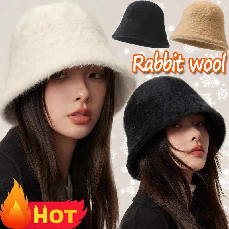 New Rabbit Wool Cute Bucket Hat Winter Plush Fisherman Hats Girl Warm White Black Solid Color Caps for Women Autumn Cold-proof