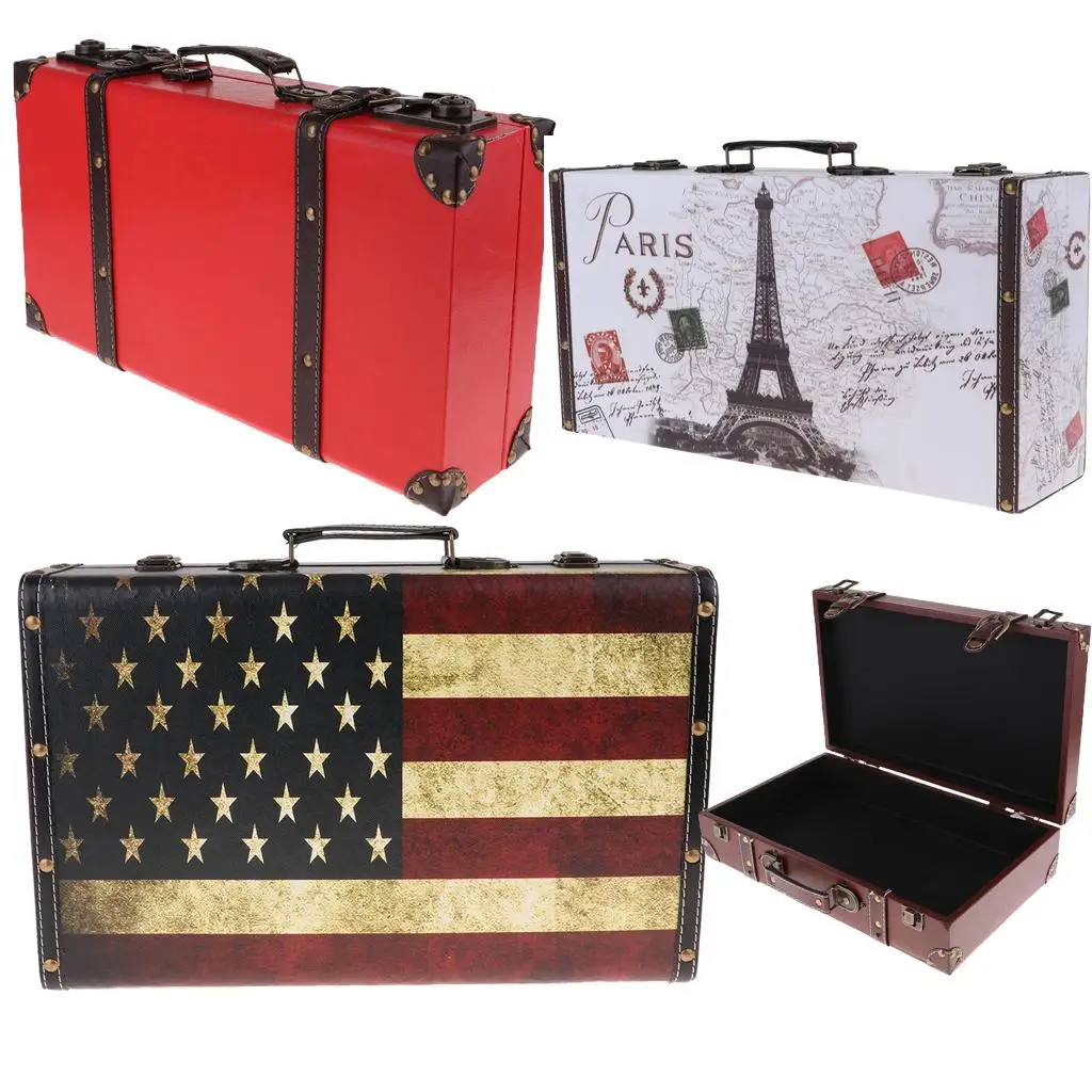 Fashion Retro Leather Wood Luggage Suitcase Clothes Storage Suit Box Home Art Decoration