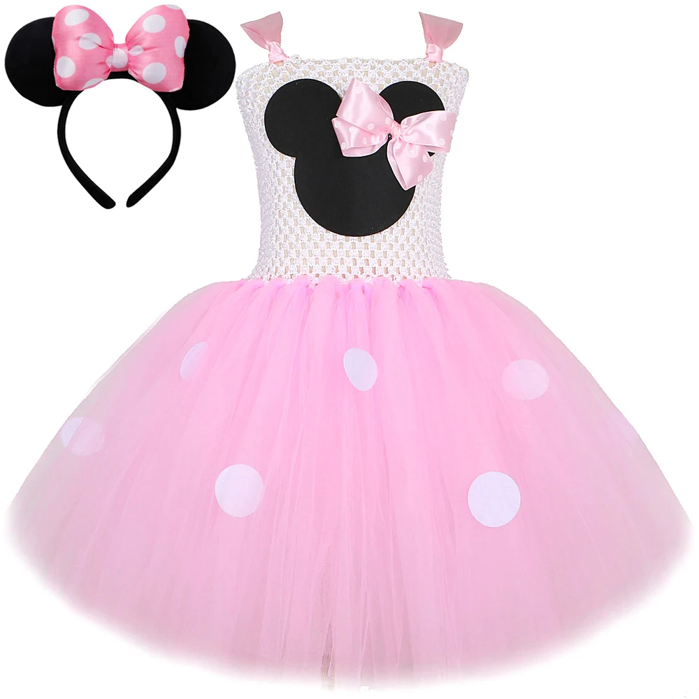 Disney Mickey Minnie Mouse Dresses for Girls Birthday Party Tutus Halloween Costume for Kids Cartoon Animal Outfit with Ears Bow