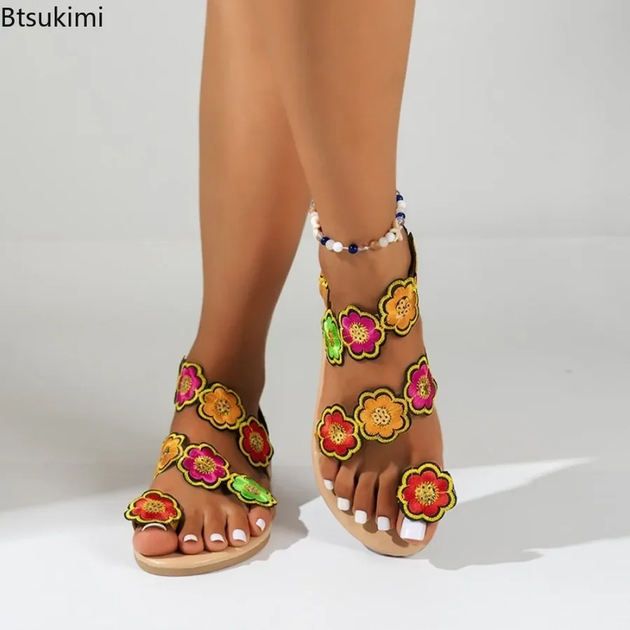 Sandal wanita, gaya Bohemian, musim panas, bordir, sandal pantai, sandal bawah datar, sepatu kasual luar ruangan