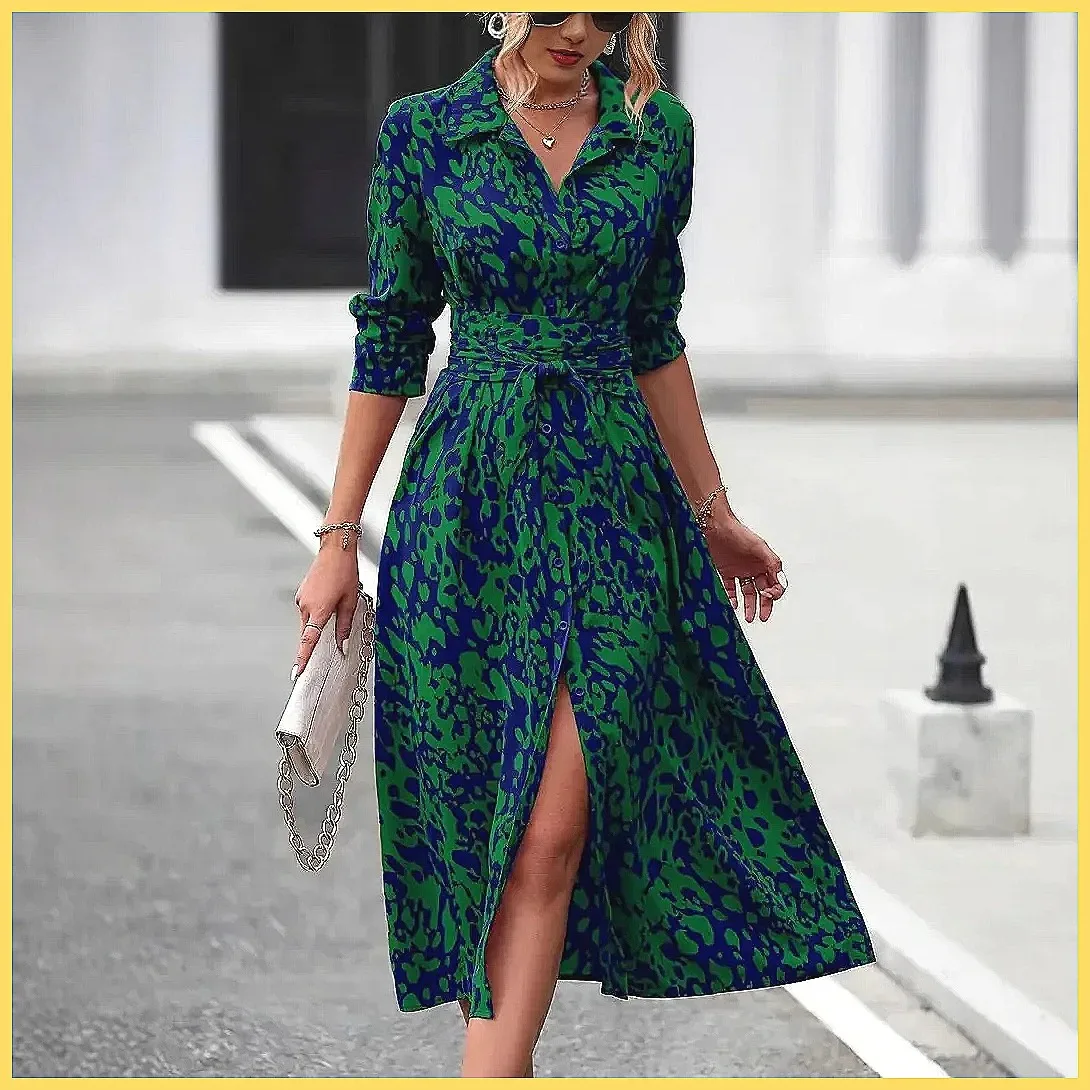 Elegante Abito Lungo da Donna 2026 con Maniche Lunghe, Colletto Allacciato e Patchwork per Feste