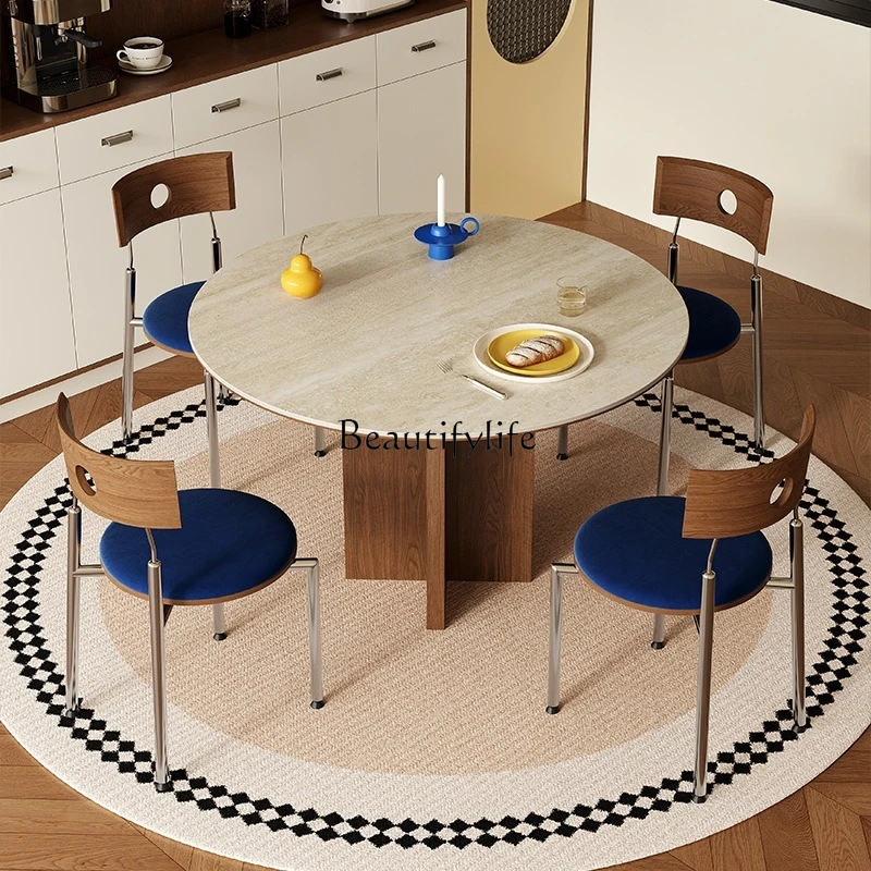 Deli Feng rock slab dining table beige travertine retro style medium antique style walnut solid wood rock slab