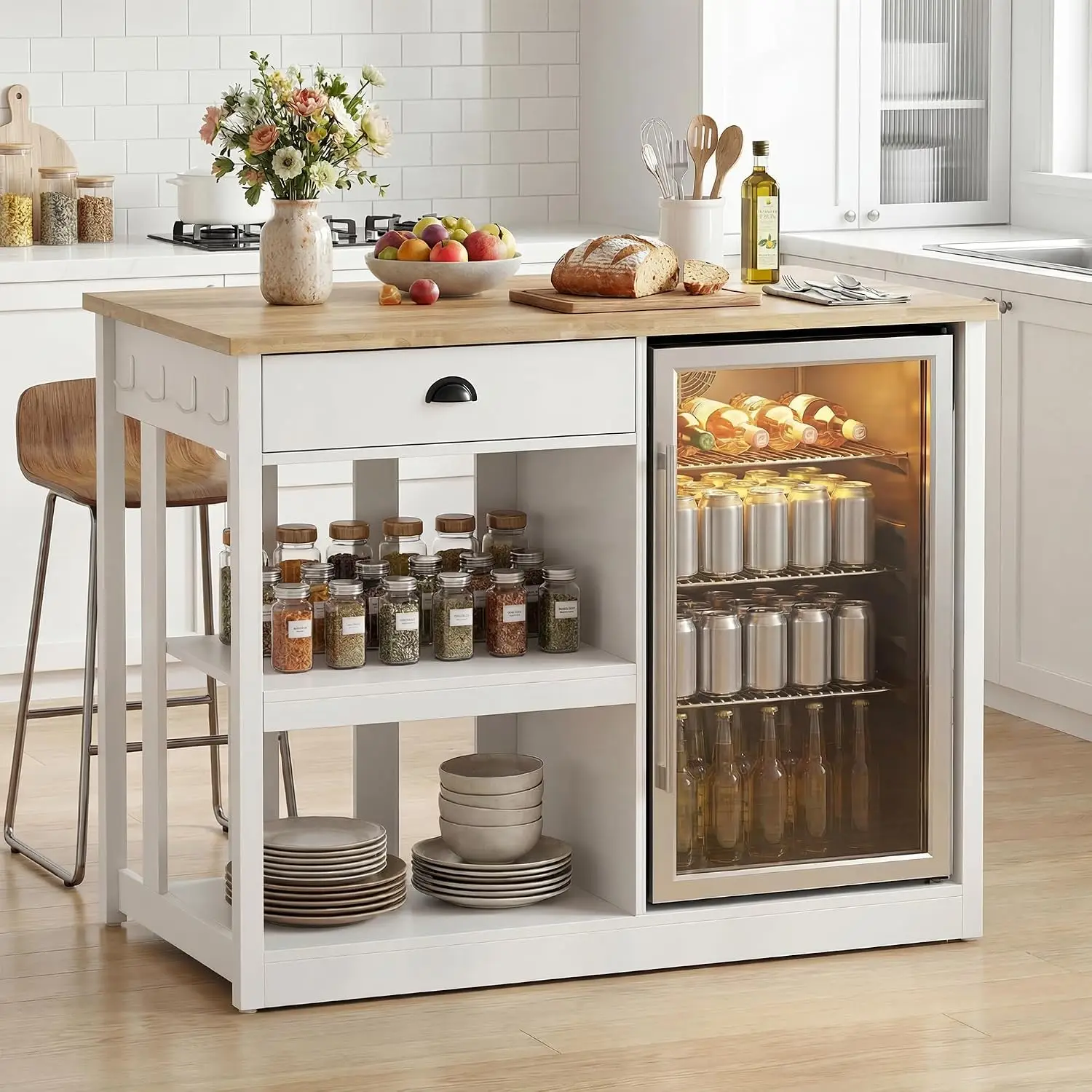 Kitchen Island Cabinet Fridge Space Rubberwood Top Power Outlets Open Shelves Dining Room 47.2