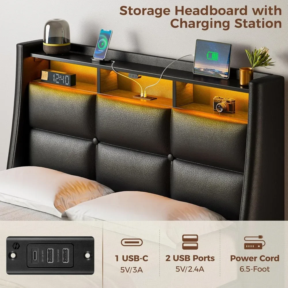Twin Size Bed Frame with LED Lights and Charging Station, PU Leather Bed Storage Headboard & Drawers, Heavy Duty Wood Slats image 4