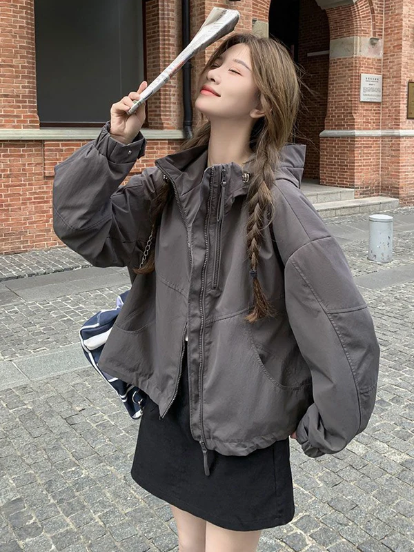 

plus Size 300 Pou ey Hooded Casual Women's Jaet Autumn Winter Outerwear Spor Sle Windbreaker Loose Fit Top