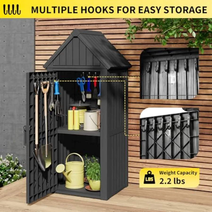 Outdoor Resin Storage Cabinet for Garden Patio Lawn Black, Weatherproof Polyresin, Reinforced Floor Lock Ring, with Removable S