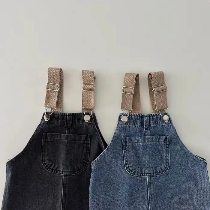 2024 Spring Boy Baby Pocket Overalls Loose Infant Suspenders Jumpsuit Retro Toddler Jeans Kids Casual Pants Girl Cotton Trousers