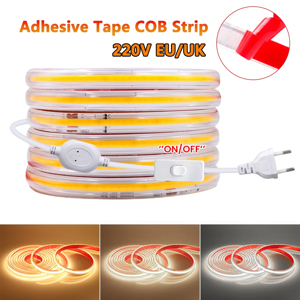 

Waterproof 220V COB Led Strip with Switch EU UK Power Plug 288LEDs/M High Density Self-adhesive FOB LED Tape 3000K 4000K 6000K