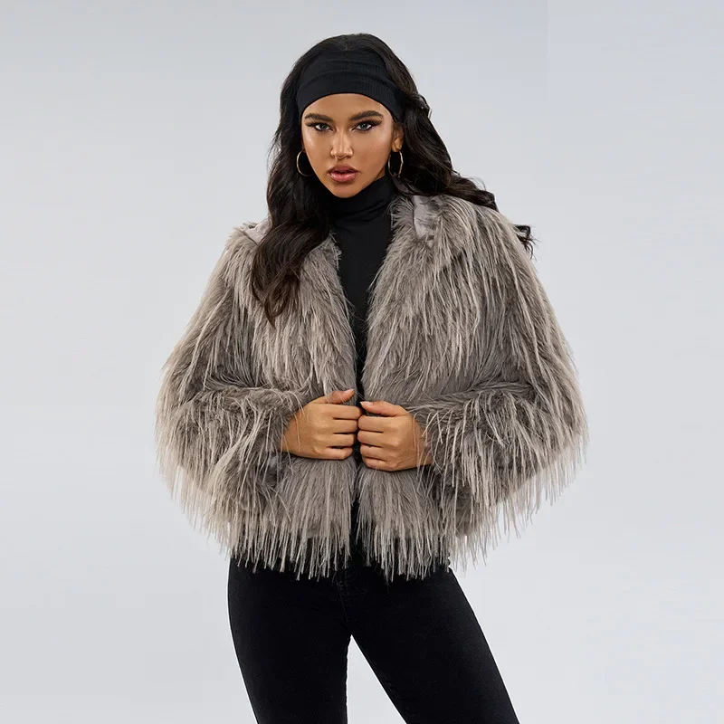 Fashion Warm Fringed Fur Imitation Fur Jacket Women\'s Urban Trend Hooded Fur Coat for Women