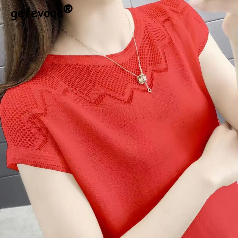 Women\'s Clothing Summer Korean Simple Casual Hollow Knitted T-shirts Female Solid O Neck Loose Short Sleeve Pullover Basic Tops